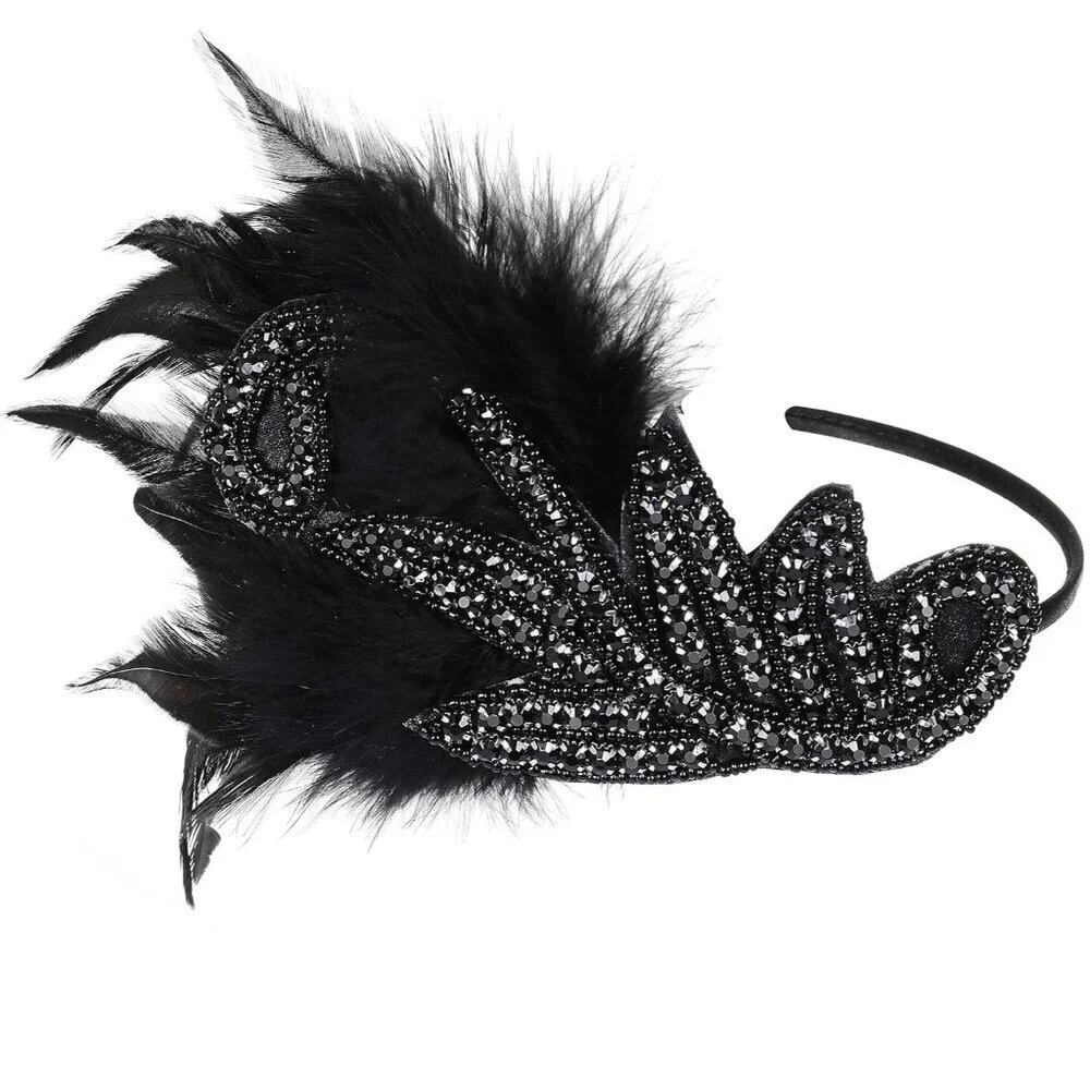 1920s Flapper Headband Feather Beads Rhinestones Gatsby Party Accessory